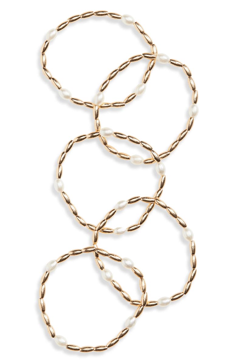 Cara 5-Pack Faux Pearl Beaded Stretch Bracelets, Main, color, Gold