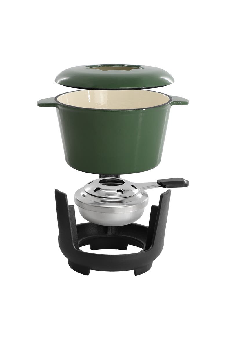 Enameled Cast Iron Fondue Pot with 6 Serving Forks in Green, Alternate, color, Green