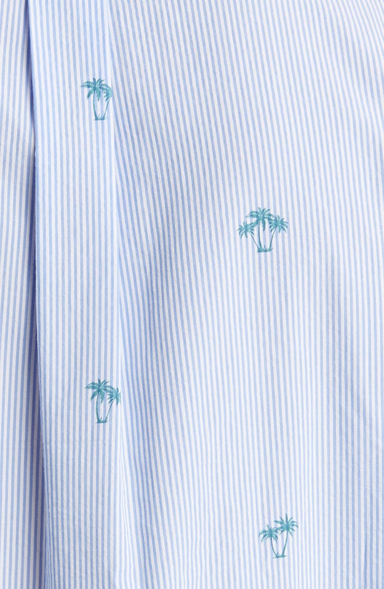Brooks Brothers Regent Fit Seersucker Stripe Short Sleeve Button-Down Shirt, Alternate, color, Blue Stripe Palm