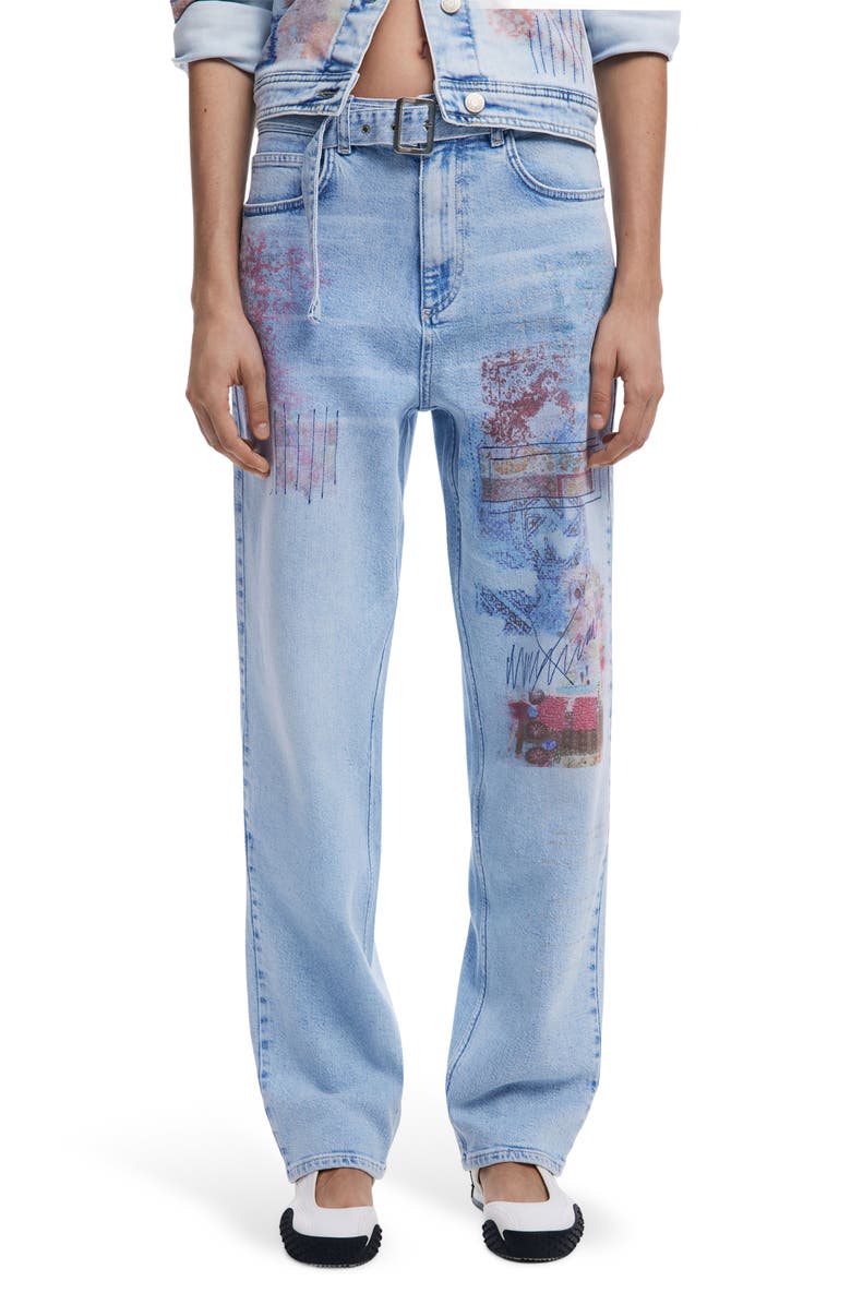 Desigual Graphic Detail Straight Leg Jeans, Main, color, Medium Blue