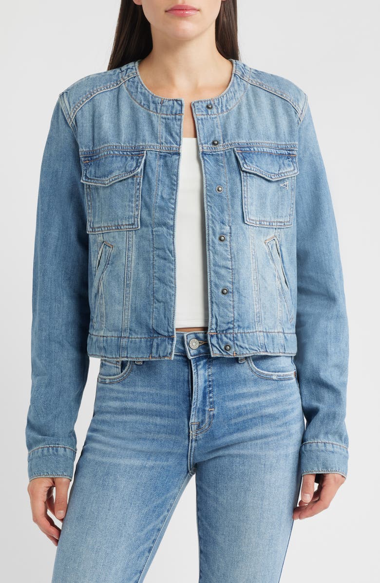 HIDDEN JEANS Collarless Denim Trucker Jacket, Main, color, Medium Wash