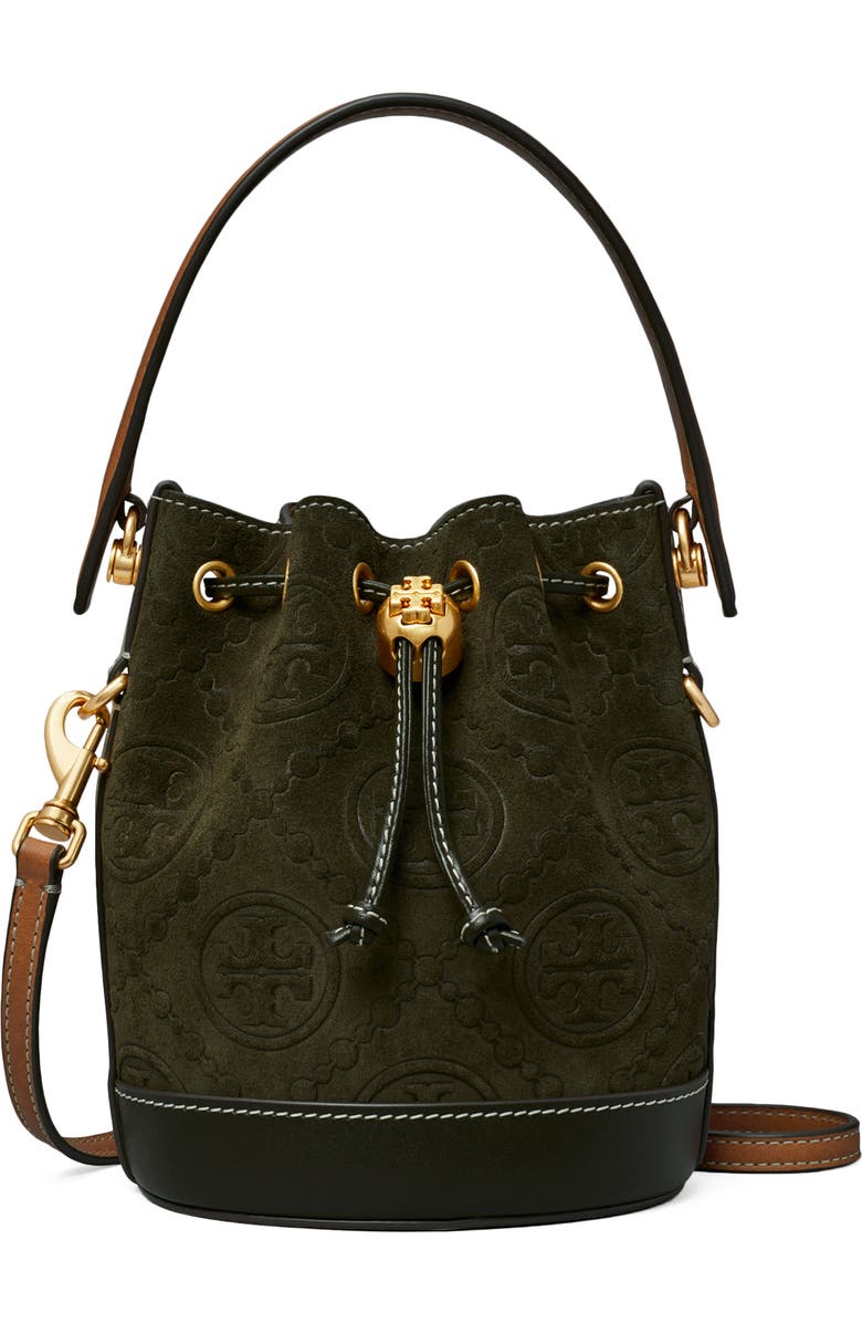 Tory Burch T Monogram Mini Embossed Suede Bucket Bag, Main, color,