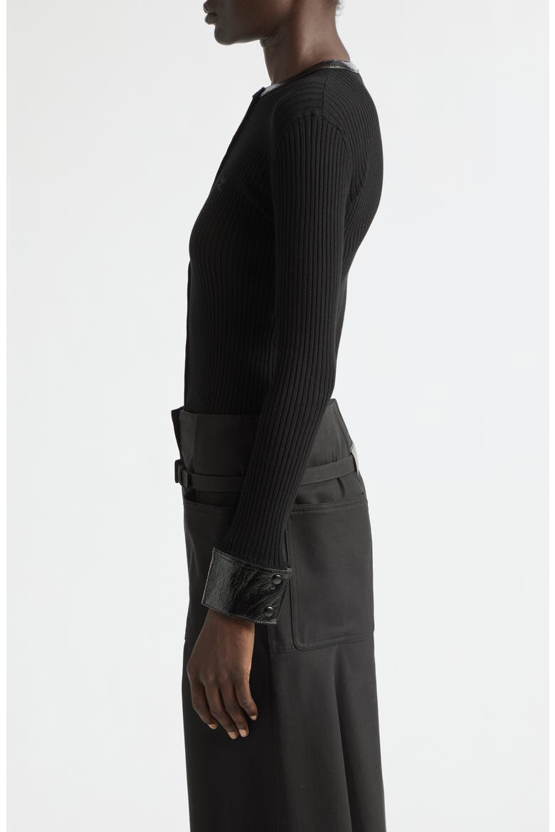 Vinyl Trim Ribbed Cardigan, Alternate, color, BLACK