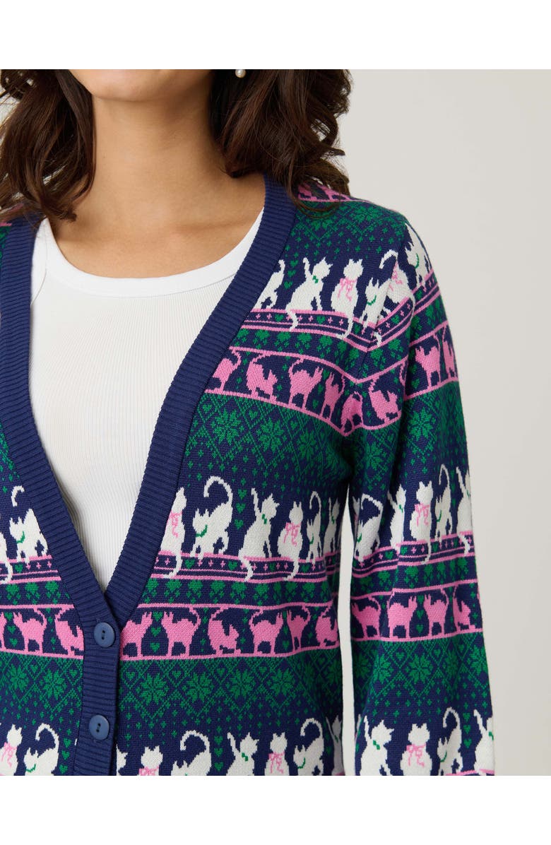 Unique Vintage Cropped Knit Cardigan, Alternate, color, Navy Cat Print