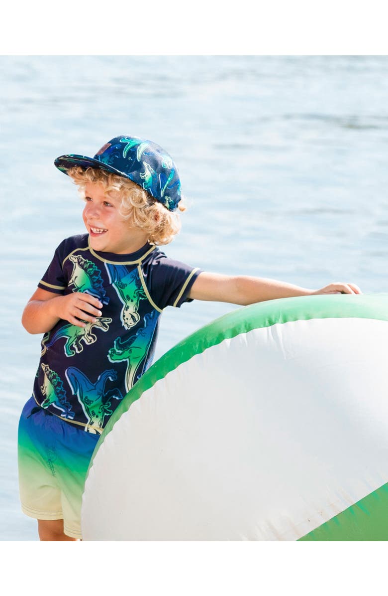 Deux par Deux Baby Boy's Short Sleeve Rashguard Blue And Green Dino On Navy, Alternate, color,