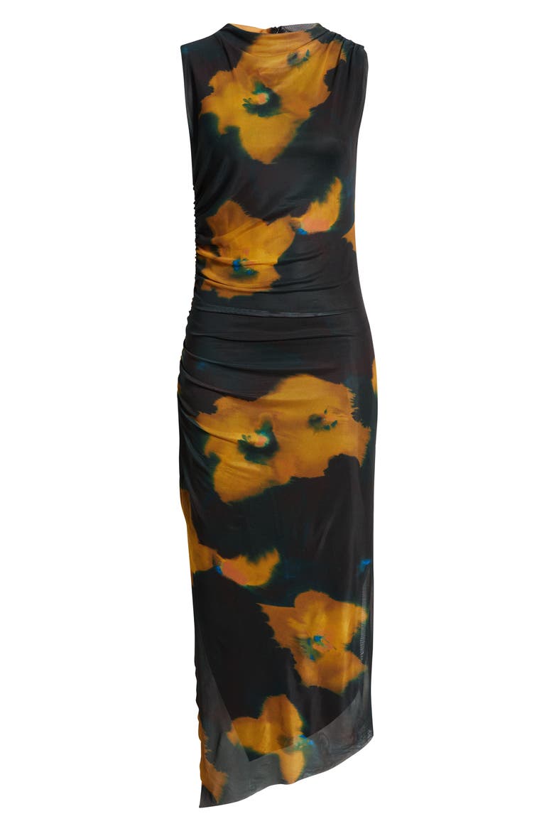 Floral Shirred Mesh Dress, Alternate, color, GREEN/ BLACK MUSTARD