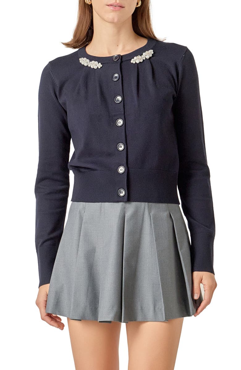 English Factory Pearly Bead & Rhinestone Cardigan, Main, color, Navy