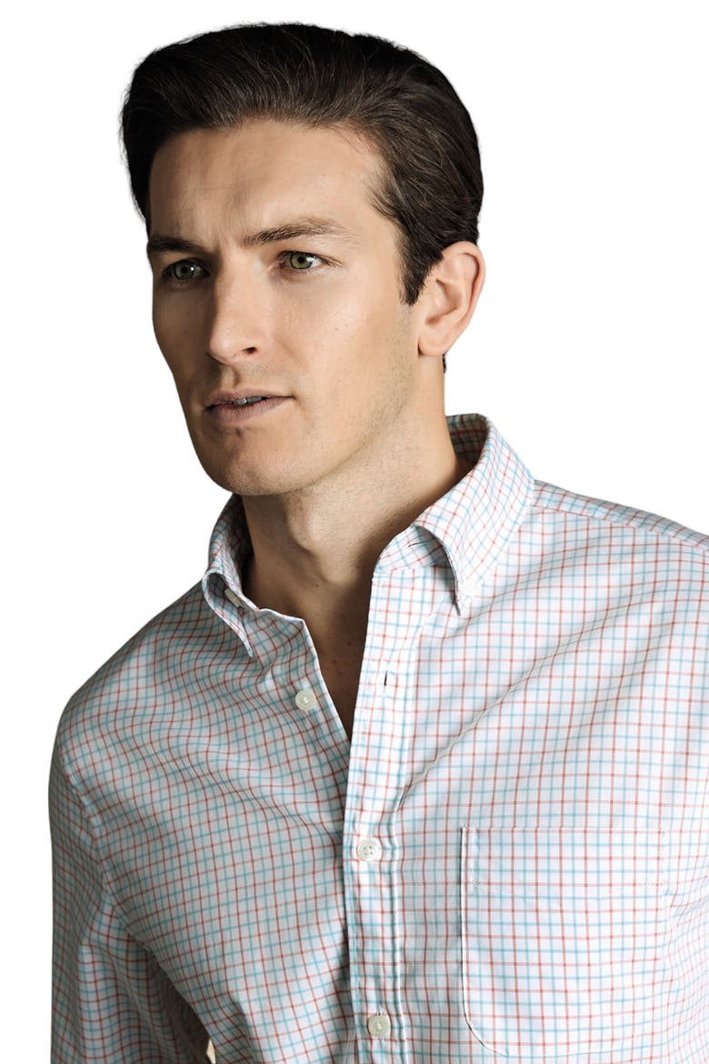 Slim Fit Button-Down Collar Non-Iron Stretch Poplin Check Shirt, Alternate, color, Coral Pink