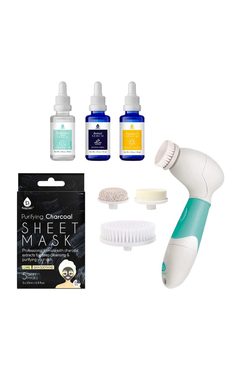 PURSONIC Complete Skincare Bundle - Advanced Facial & Body Cleansing Brush + Anti-Aging Serum Set + 5-Pack Charcoal Sheet Masks, Main, color, Multicolor