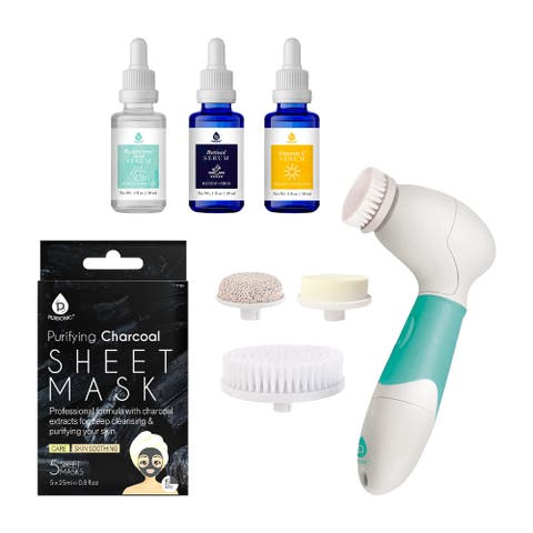 Complete Skincare Bundle - Advanced Facial & Body Cleansing Brush + Anti-Aging Serum Set + 5-Pack Charcoal Sheet Masks