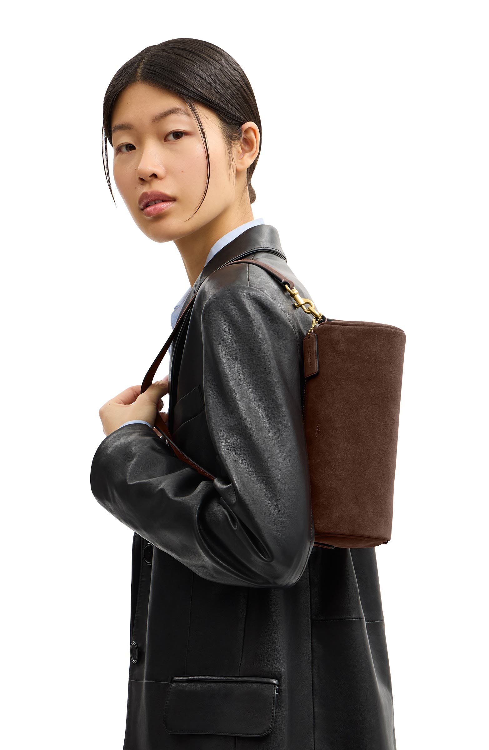 Suede Barrel Bag, Alternate, color, DARK CHOCOLATE