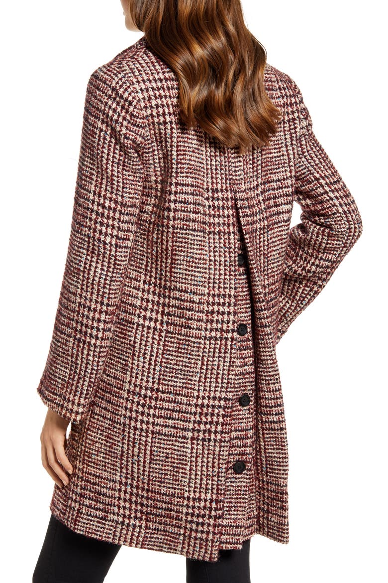 Grid Plaid Pleat Back Wool Blend Coat, Alternate, color, BURGUNDY GRID