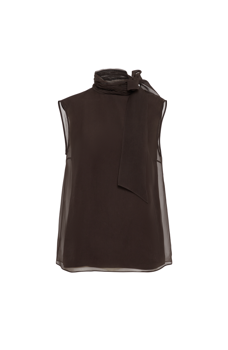 Brunello Cucinelli Pussybow top with monili, Main, color, Cocoa