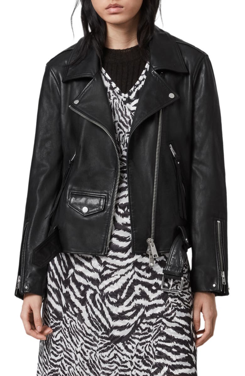 AllSaints Luna Lambskin Leather Biker Jacket, Main, color,