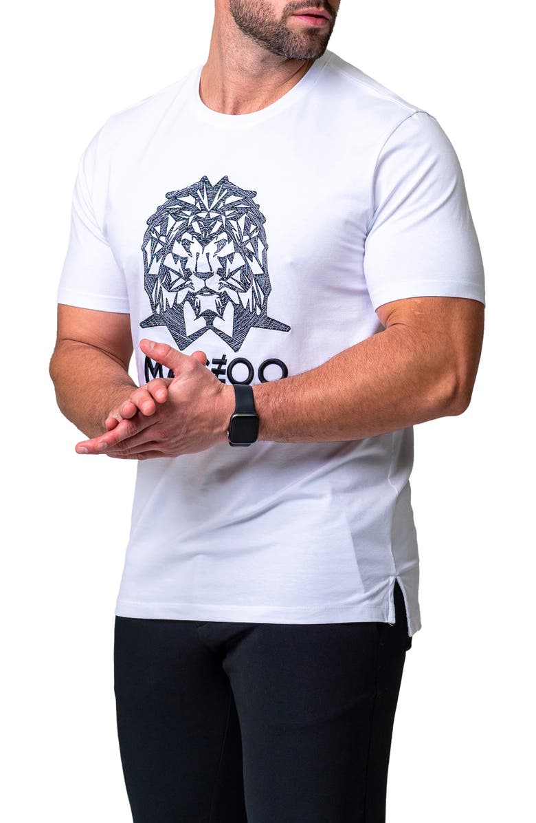 Maceoo Mightymane White Embroidered Logo Stretch Cotton Graphic T-Shirt, Alternate, color, White