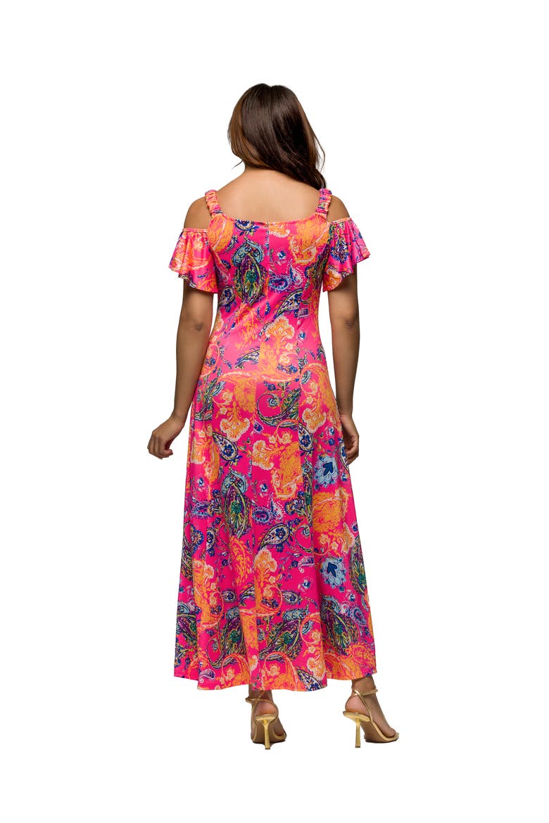 Maternity Pink Paisley Cold Sholder Ruffle Sleeve A-Line Maxi Dress, Alternate, color, Pink Multi