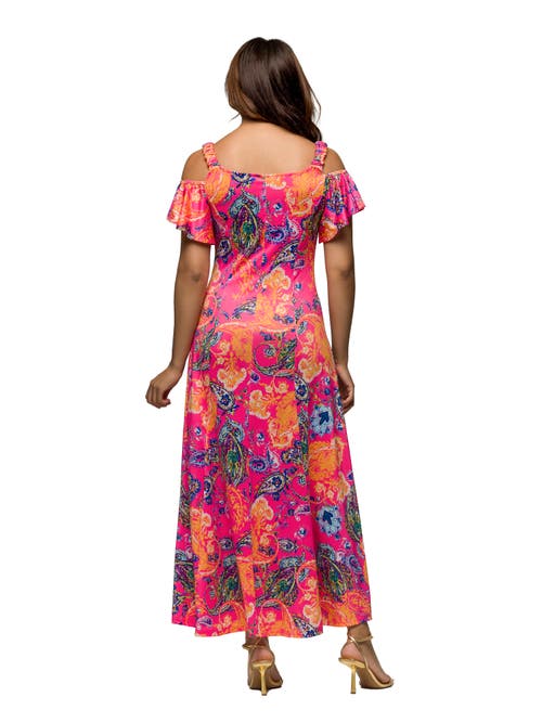 24seven Comfort Apparel Maternity Pink Paisley Cold Sholder Ruffle Sleeve A-line Maxi Dress