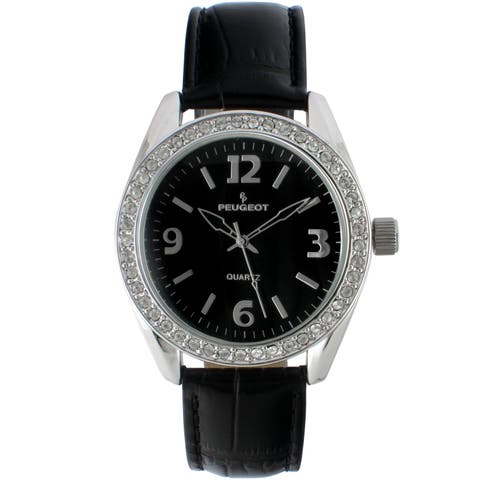 Round Crystal Accented Bezel Leather Watch - 40MM