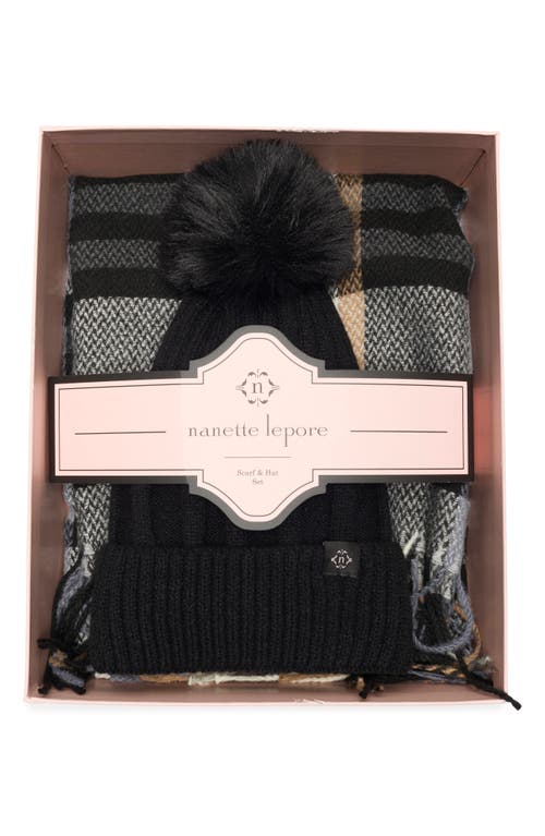 Nanette Lepore Faux Fur Pompom Beanie & Scarf Set In Gray
