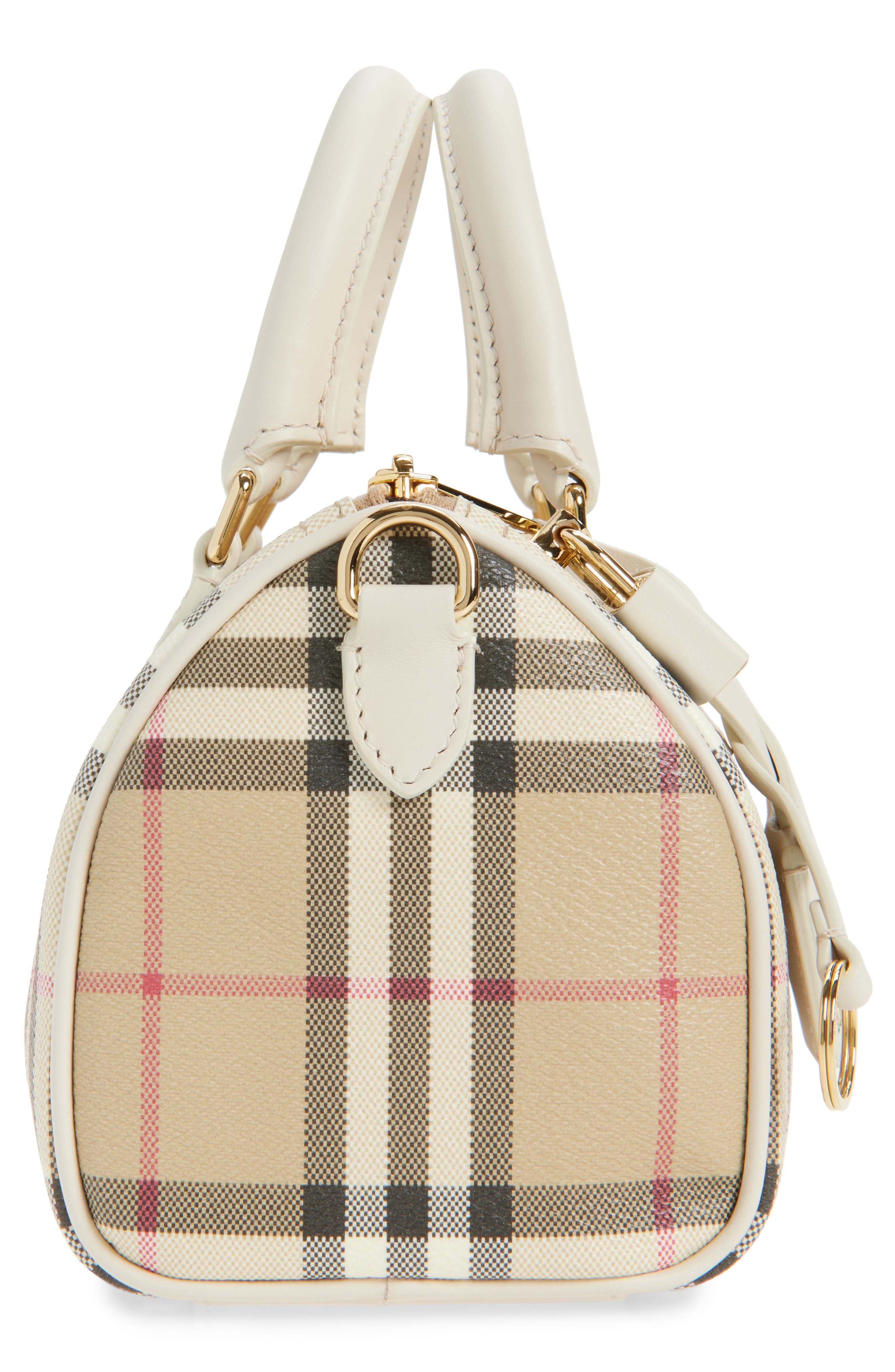 Burberry Mini Leather Bowling Bag, Alternate, color, Vintage Check/ Soap