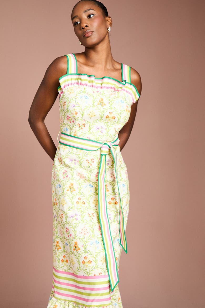 Printed Ruffle Midi Dress, Alternate, color, Ivory