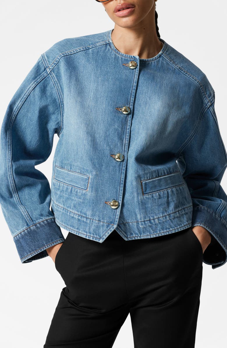 
Other Stories Collarless Crop Denim Jacket, Main, color, 