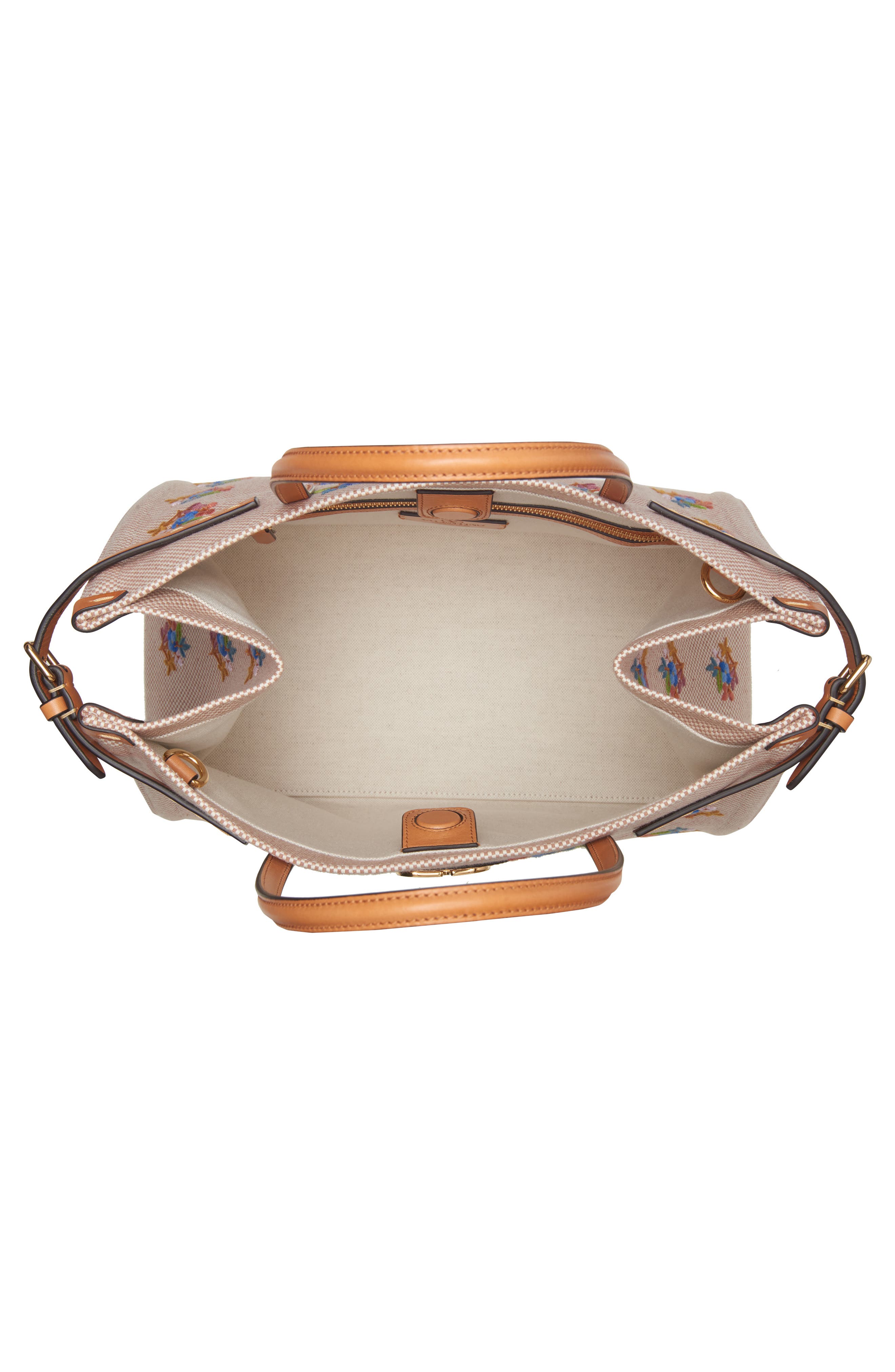 Valentino Garavani Medium Antibes Flower Embroidered Canvas Tote, Alternate, color, Tobacco