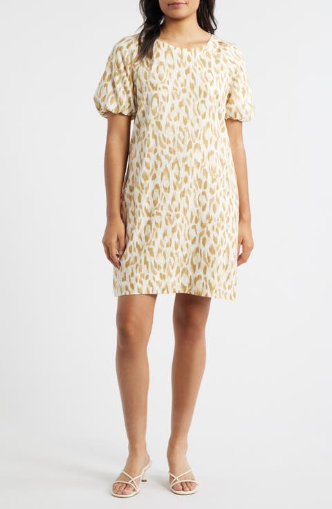 Cheetah Cove Puff Sleeve Linen Blend Shift Dress