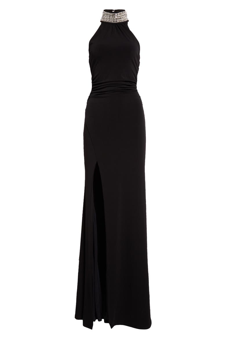 Izzy Ruched Embellished Neck Gown, Alternate, color, BLACK