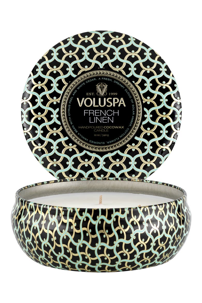 French Linen Three-Wick Tin Candle, Main, color, FRENCH LINEN