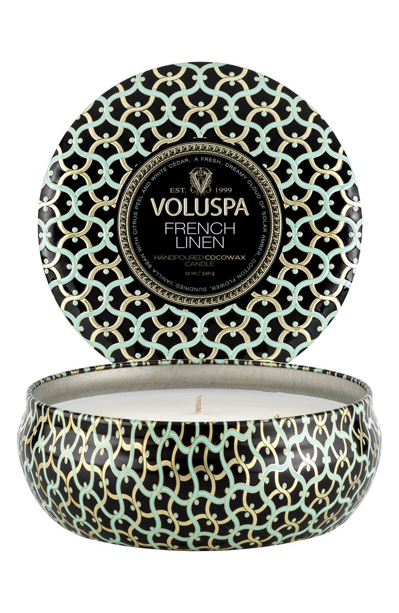 Voluspa French Linen Three-Wick Tin Candle, Main, color, French Linen