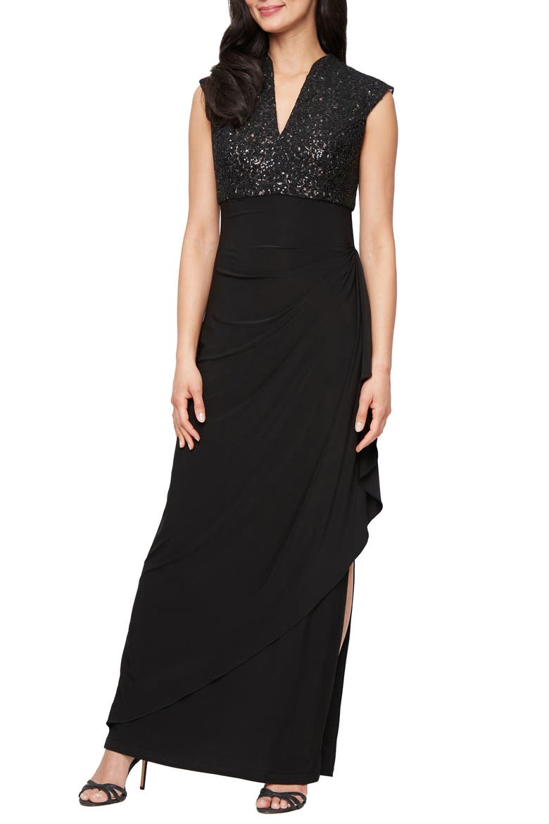 Sequin Empire Waist Sleeveless Gown, Main, color, BLACK/ NUDE