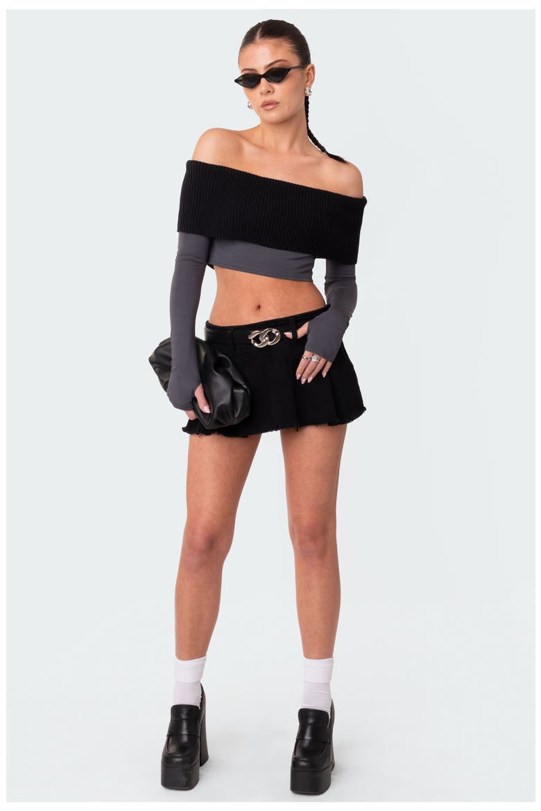 Alma Off the Shoulder Mixed Media Crop Top, Alternate, color, GRAY