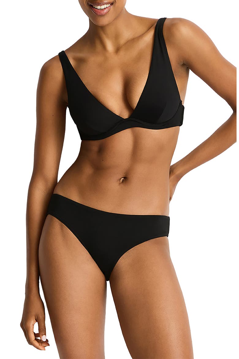 Essentials Longline Triangle Bikini Top, Alternate, color, BLACK