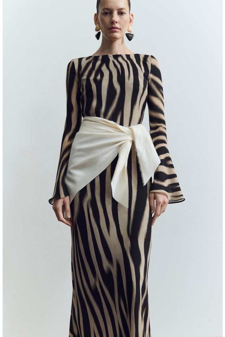 Abstract Zebra Stripe Long Sleeve Dress, Alternate, color, BLACK
