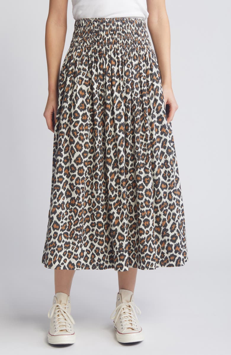 THE GREAT. The Viola Leopard Print Cotton Midi Skirt, Main, color,