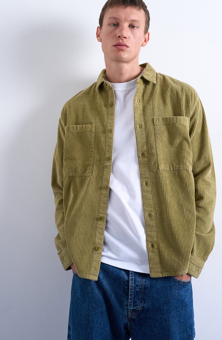 Topman Long Sleeve Regular Fit Corduroy Button-Up Shirt, Main, color, Light Green