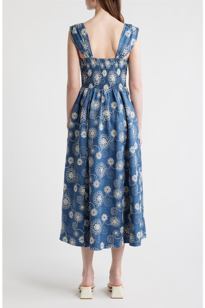 Embroidered Cap Sleeve Chambray Midi Dress, Alternate, color, DENIM