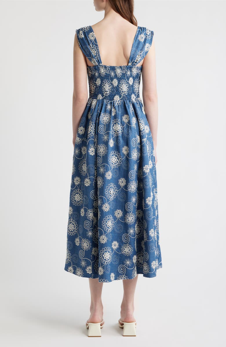 ZOE AND CLAIRE Embroidered Cap Sleeve Chambray Midi Dress, Alternate, color, Denim