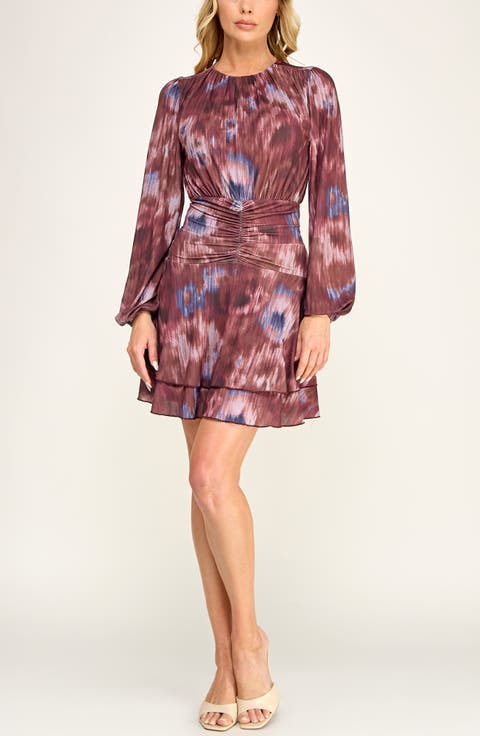 Abstract Print Long Sleeve Mesh Minidress