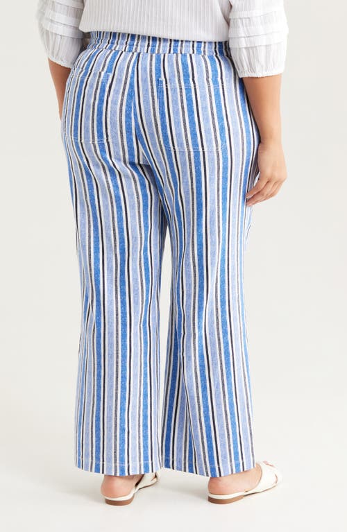 Liverpool Los Angeles Stripe Linen Blend Drawstring Wide Leg Pants In White Blue Milti Stripe