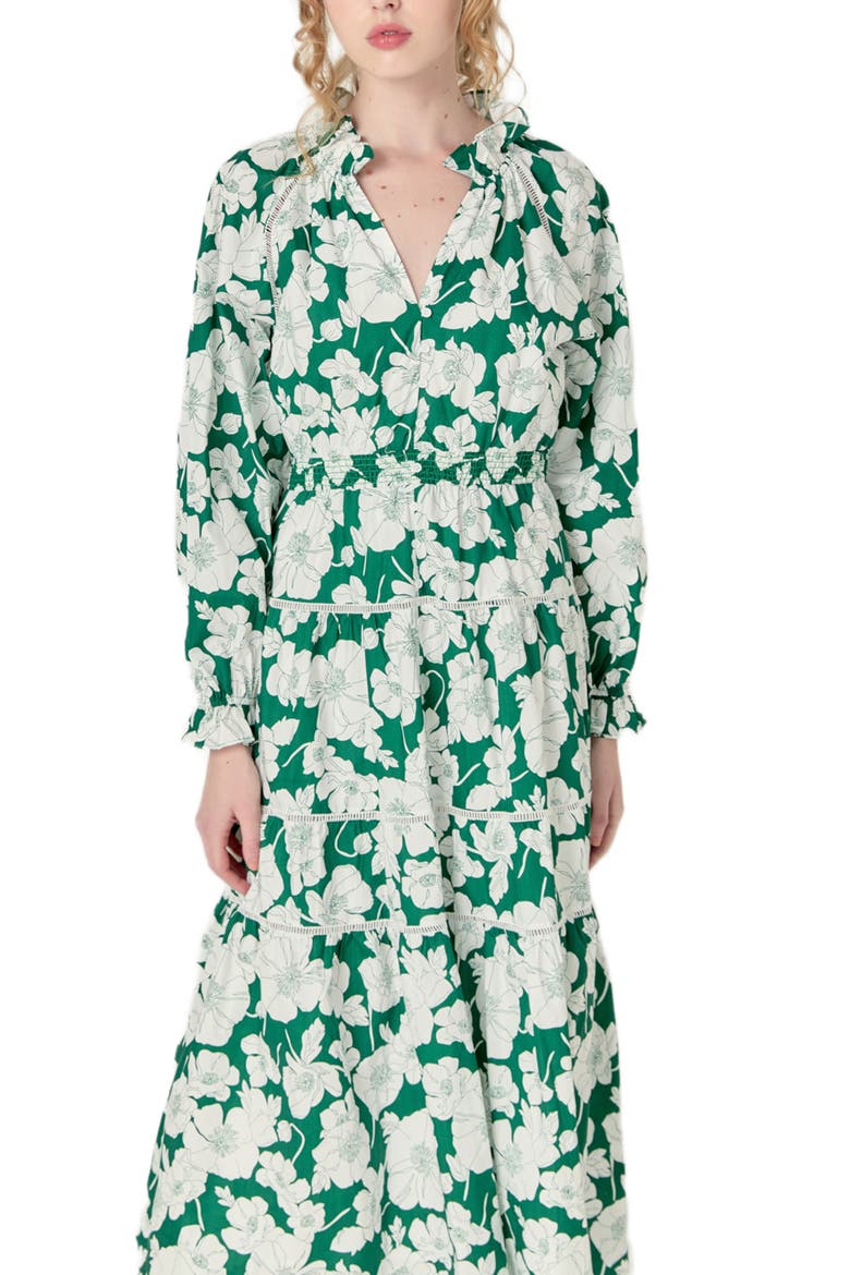Floral Long Sleeve Cotton Tiered Maxi Dress, Alternate, color, GREEN