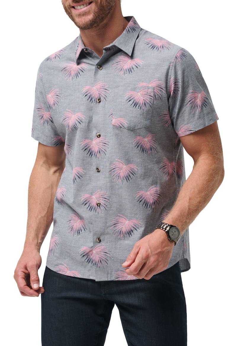 Tip Me Over Leaf Print Short Sleeve Stretch Button-Up Shirt, Main, color, HEATHER TOTAL ECLIPS
