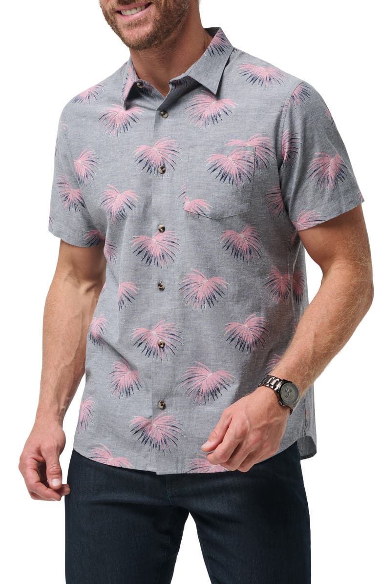 TravisMathew Tip Me Over Leaf Print Short Sleeve Stretch Button-Up Shirt, Main, color, Heather Total Eclips