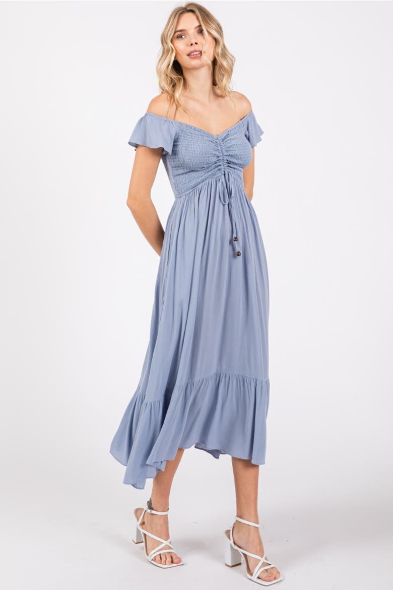 Smocked Ruched Ruffle Hem Maxi Dress, Alternate, color, Light Blue