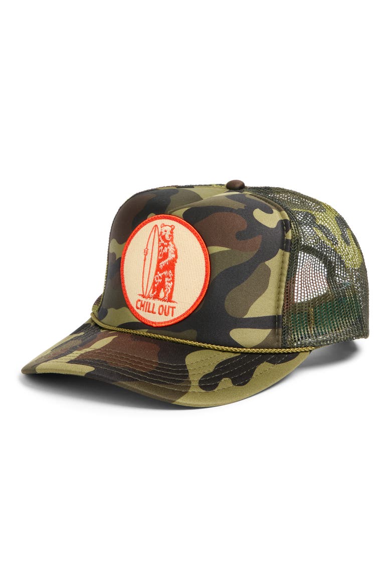 Chill Out Patch Trucker Hat, Main, color, CAMO