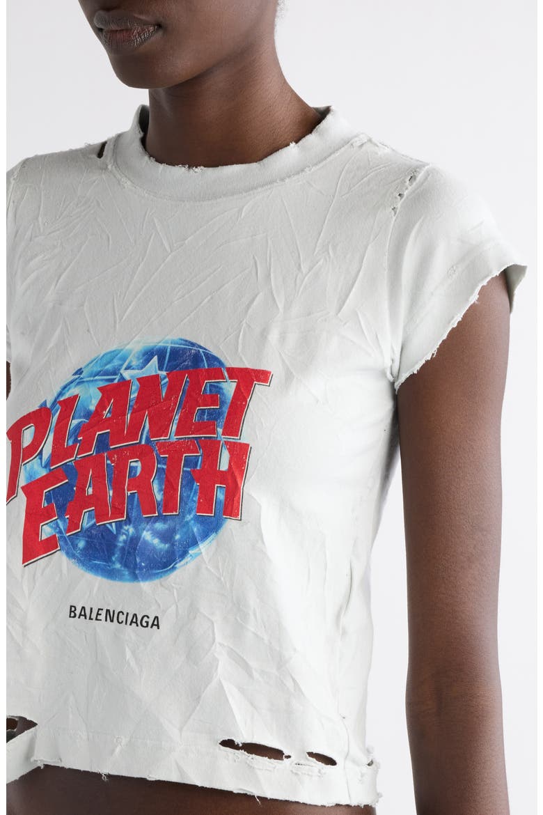 Balenciaga Planet Earth Distressed Crop Stretch Cotton Graphic T