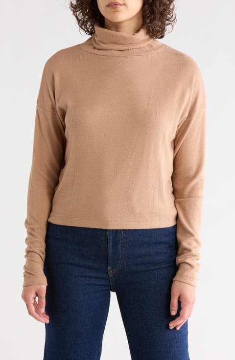 Cowl Neck Brushed Knit Crop Pullover