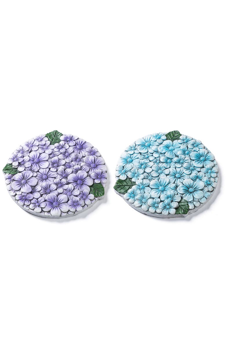 Glitzhome Set of 2 Cement Blue and Purple Hydrangea Textured Stepping Stones, Alternate, color, Blue