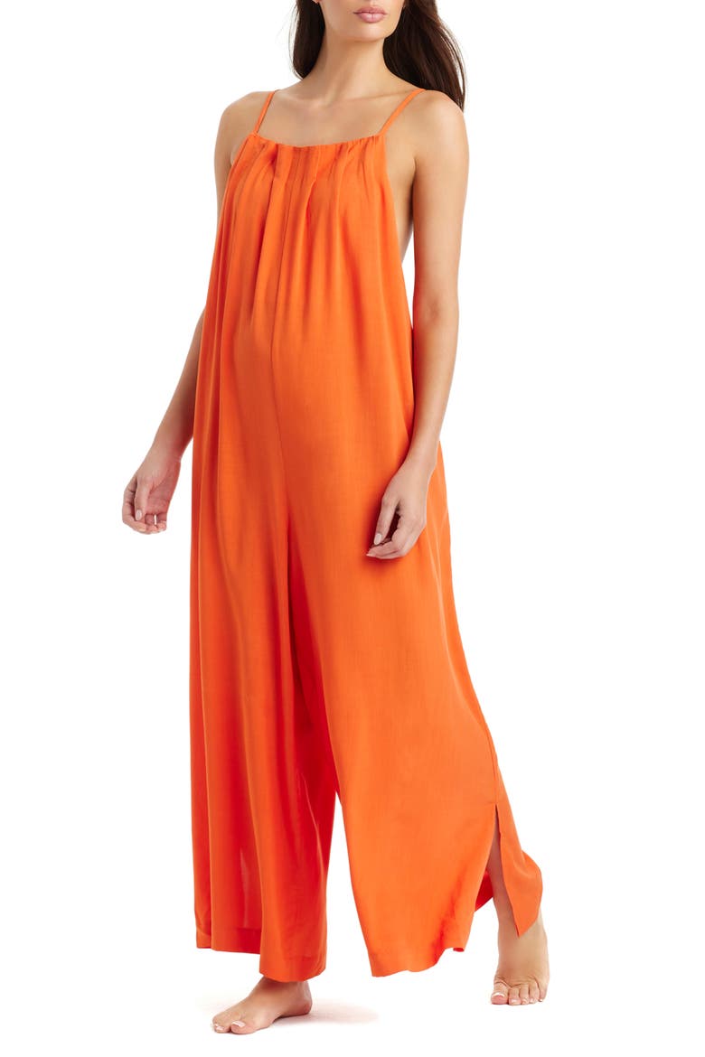 Pleated Cover-Up Overalls, Alternate, color, VERMILLION